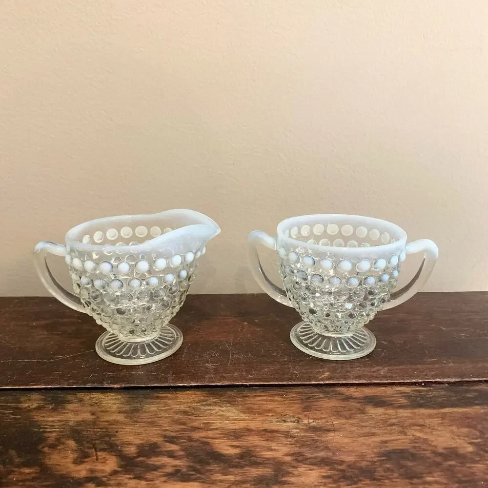 Anchor Hocking‎ 1950s Opalescent Hobnail Moonstone Creamer & Sugar